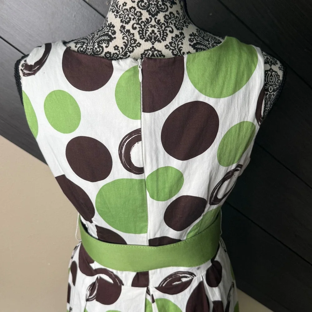 East 5th Women's Polka Dot Fit & Flare Belted Dress Size 8 Green Brown White - Picture 7 of 9